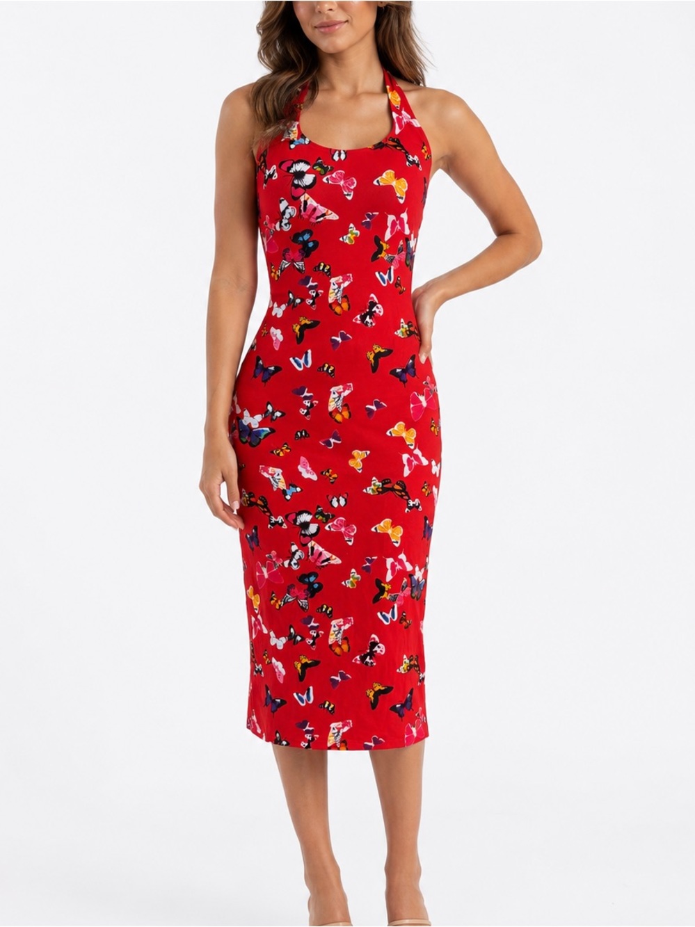 INDAH Vintage Y2K Red Butterfly Print Halter Midi Dress XS